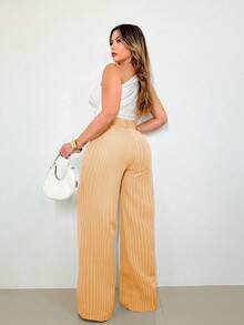 A&DD MODA, REF: H932(PLUS SIZE) - Plus Size Women's Striped Pants, Stylish Plus Size, High Waist, Wide Leg, Elegant, Casual, Formal, Lightweight, Modern, Comfortable, Women's Pants, Lightweight Fabric, Striped Print, Simple Look, Versatile, High Quality ✨ - 棕色 - 查看 2