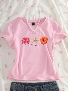 Playeras modernas estampadas con flores tropicales – Juveniles, cómodas y versátiles - Rosa - Ver 5