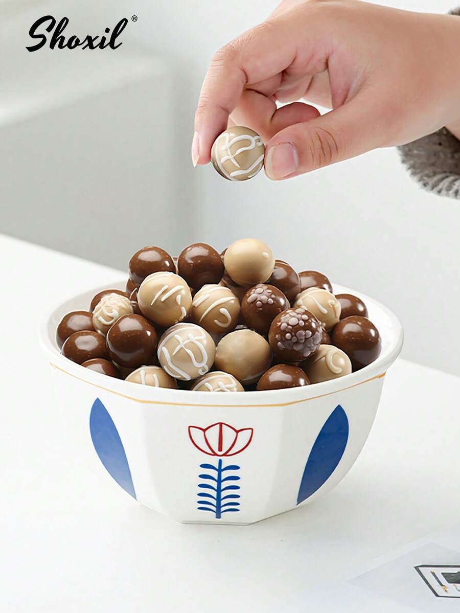 shoxil 1 Stück blauer Blumen-gemusterter Matcha Schale, achteckige Keramikschale, Dessertschale für Obst und Snacks, hochästhetische Frühstücksschale & Milchtasse, mit Dattelpalmen-/Udam-Rosendekor, leicht zu reinigen, geeignet für die saudische Nationaltagshospitalität, Reisen und Innenhöfe - Matcha-Schale - Übersicht 1