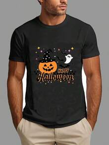 Men's Halloween T-Shirt - Black With Pumpkin, Bat, & Happy Halloween Text - Loose Fit Casual Party Shirt - All-Season Everyday & Halloween Costume Tee - Easy-Care Graphic Apparel, Halloween Clothes,Nightmare Before Christmas,Christmas,Halloween Costumes,Funny T Shirts,Summer Outfits,Thanksgiving Day,Men Graphic Tees,Streetwear Men - màu đen - Xem 1