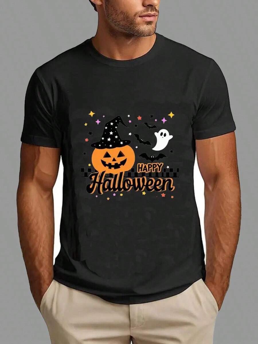 Men's Halloween T-Shirt - Black With Pumpkin, Bat, & Happy Halloween Text - Loose Fit Casual Party Shirt - All-Season Everyday & Halloween Costume Tee - Easy-Care Graphic Apparel, Halloween Clothes,Nightmare Before Christmas,Christmas,Halloween Costumes,Funny T Shirts,Summer Outfits,Thanksgiving Day,Men Graphic Tees,Streetwear Men - màu đen - Xem 1