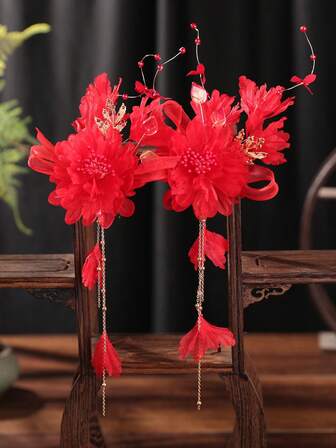 2 件优雅水晶珠和雪纺花发夹，小众奢华古典表演发饰带流苏，汉服头饰