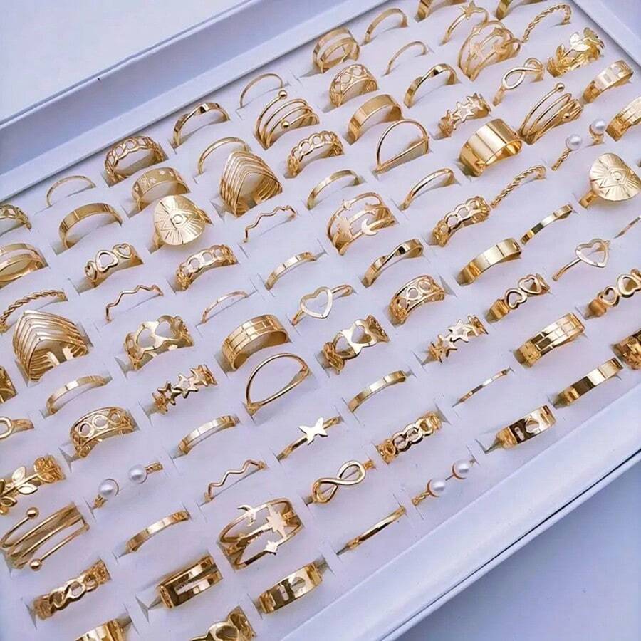 30pcs/Pack Minimalist Heart & Leaf Design Rings Set, Elegant Versatile Mixed Styles Open Rings, Suitable For Party, Wedding, Daily Wear, Fashion Jewelry Gift, Random Assortment