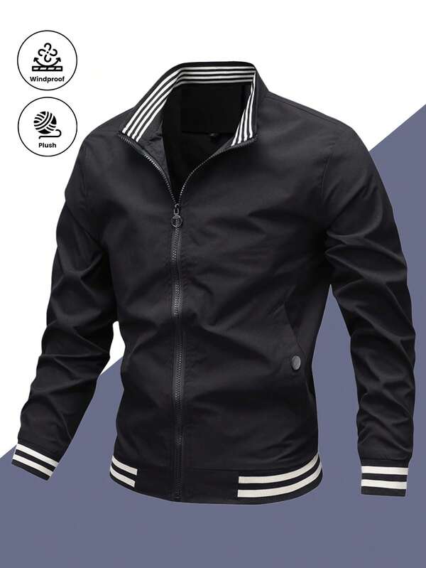 Men's Jacket, Solid Color Stand Collar Lightweight Casual Cardigan Outerwear, Spring/Autumn