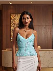 Camisola de lentejuelas para mujer, de verano, moderna, sin espalda, sin mangas, con tirantes finos, ajustada - Verde - Ver 3