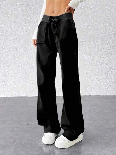 Pantalones deportivos casuales de color liso con bolsillos grandes para mujer