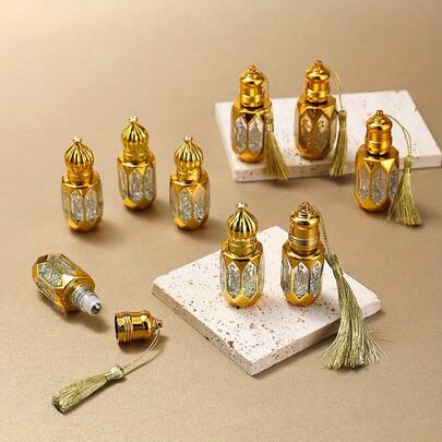 Gold-Plated Octagonal Empty Roll-On Glass Bottle (With/Without String) Leak-Proof Refillable Container For Essential Oils, Perfumes, Skincare (Portable, Stylish For Travel/Home)