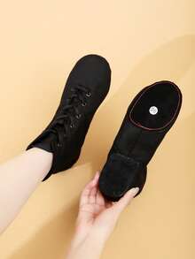 1.5cm Low Heel Soft Bottom Black Ballet Flats For Women, Lace-Up High Top Indoor Sports Shoes, Canvas Jazz Dance Shoes For Modern Dance, Salsa Dance Performance And Practice, Comfortable, Soft And Lightweight