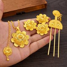 Golden Color Jewelry Set, Vintage Beautiful Jewelry For Women - Pendant Necklace, Earrings, Ring, Headchain, Hairpin, African Eritrean Bridal Wedding Luxury Accessories
