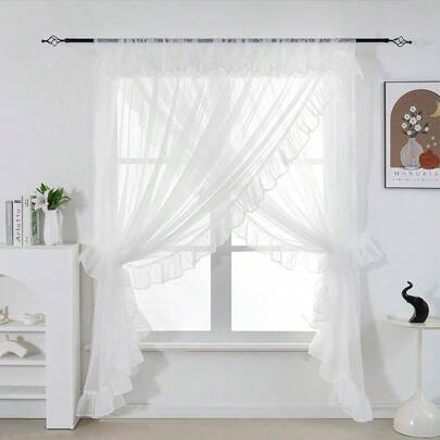 Shabby Chic Double Layer Sheer Ruffled Priscilla Rod Pocket Window Curtain Panel With Tiebacks White 100 W X 84 L