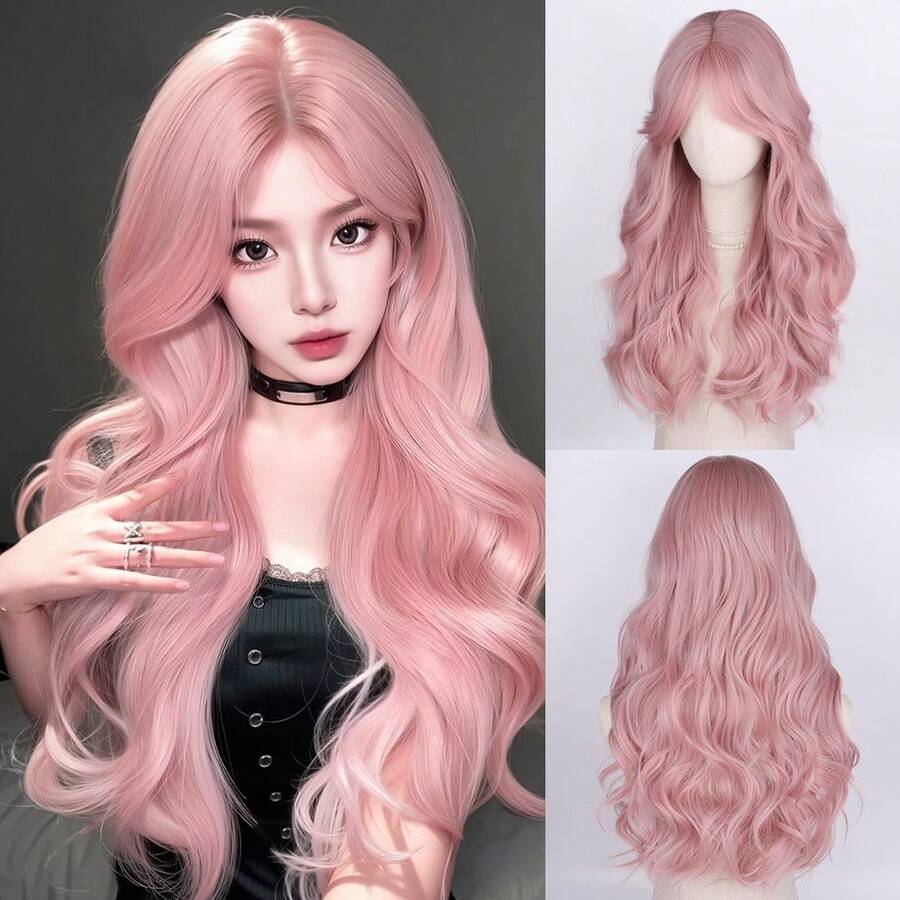 26-28 Inch Long Curly Sakura Pink Wig – Full-Cap Synthetic Fiber Rose Net Wig With Lolita-Style Side-Swept Bangs & Large Waves For A Youthful Vibe, Suitable For Halloween And Other Festive Occasions - 淺粉色 - 查看 1