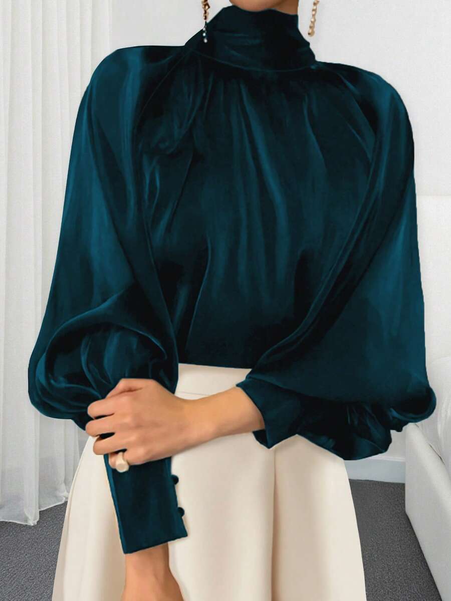 女士优雅通勤纯色立领灯笼袖衬衫