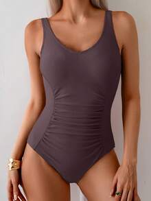 Tummy Control One Piece Swimsuit With Ruched Design - 紅棕色 - 查看 6
