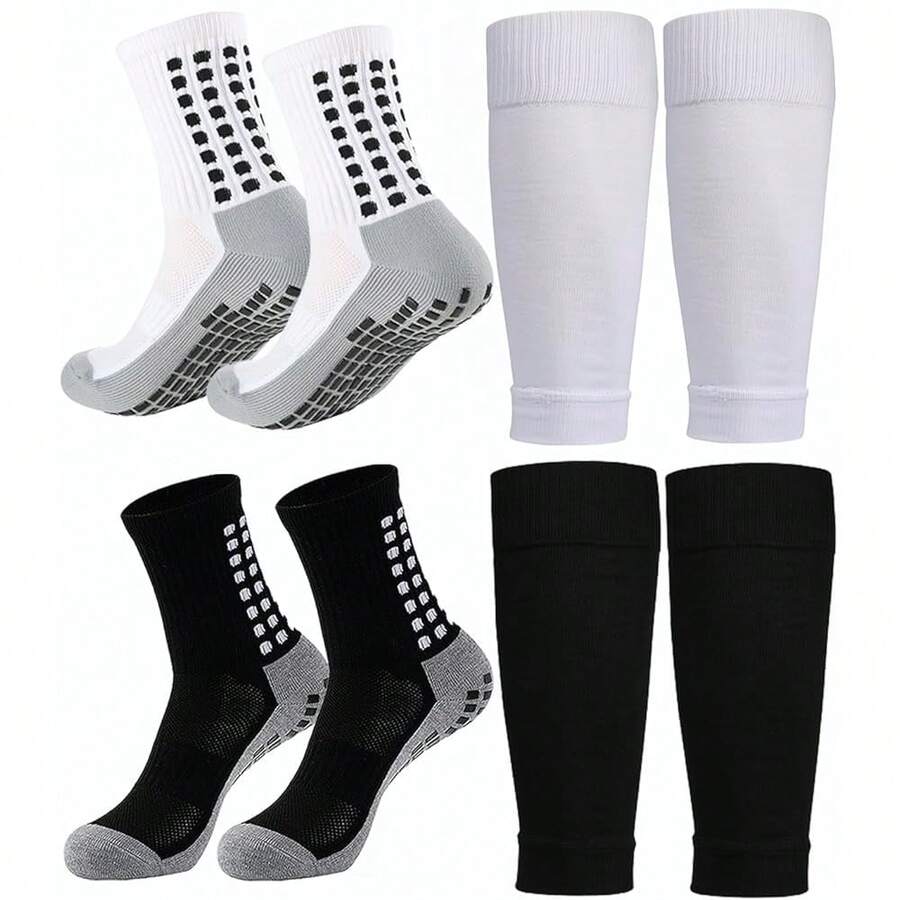 1 Set Soccer Grip Socks,Shin Guard Sleeves For Football Basketball For Men And Women Black/White One Size - 2Set(Black+White) - View 1