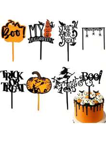8pcs Halloween Cake Topper Acrylic Pumpkin Bat Ghost Decor Halloween Birthday Party Decor Supplies - Multicolor - View 10