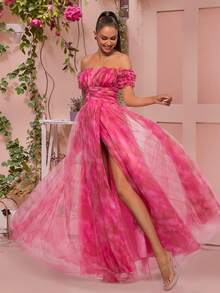 VIPGIRL露肩花瓣袖红色女士晚礼服 - 玫紅色 - 查看 5