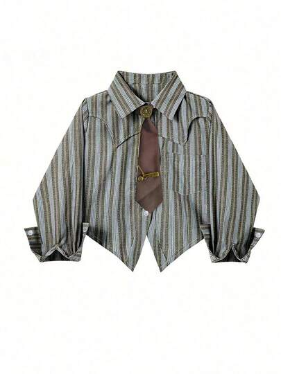 Women's Striped/White/Black Asymmetrical Hem Shirt With Tie: It Combines Vintage Western, Retro, And Casual Styles, And Is Very Suitable For Fashionable Women In Daily And Dating Occasions, As Well As For Students Returning To School And Campus Parties.