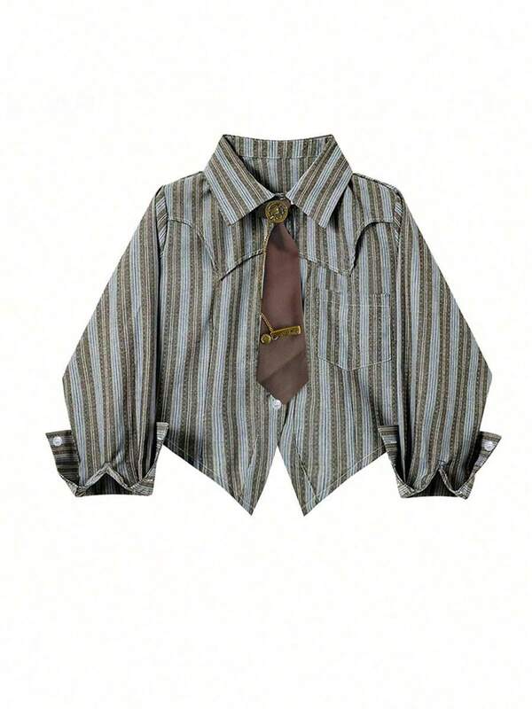 Women's Striped/White/Black Asymmetrical Hem Shirt With Tie: It Combines Vintage Western, Retro, And Casual Styles, And Is Very Suitable For Fashionable Women In Daily And Dating Occasions, As Well As For Students Returning To School And Campus Parties.