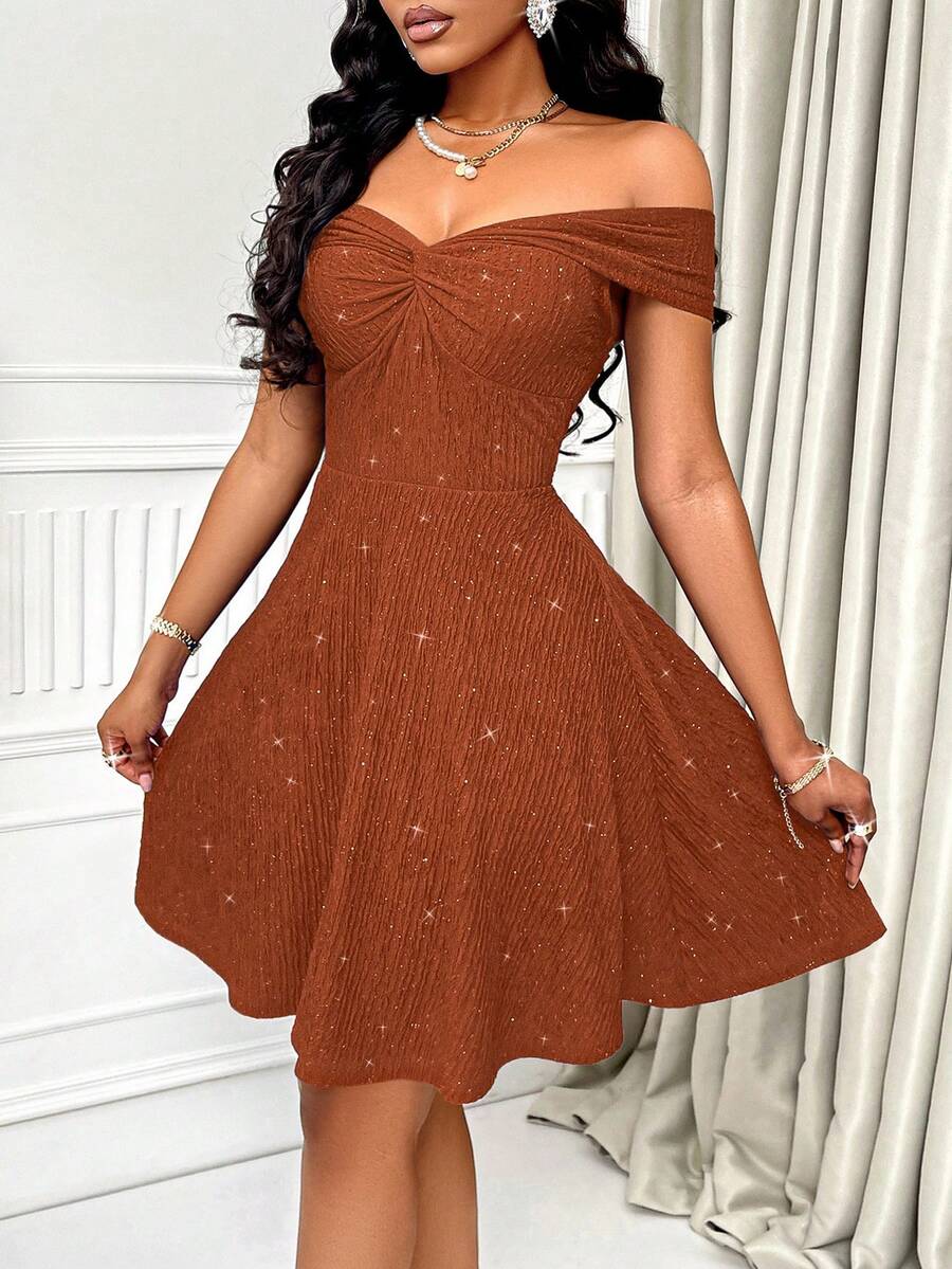 AIJ Đầm chữ A hở vai, lưng trần, đính sequin, màu trơn, gợi cảm của Amarilo dành cho nữ, thích hợp cho các bữa tiệc, sự kiện cocktail, Giáng sinh, Ngày Valentine và các dịp khác. - Rỉ Nâu - Xem 1