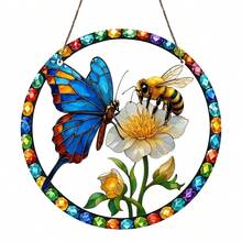 1PC Butterfly Sunglasses Landscape, Stained Glass Style Decorative Pendant, Vibrant And Colorful Design With Blue Butterfly And Bee, Perfect For Home & Garden Decoration, Ideal Gift For Friends & Family, Season Decoration | Unique Design, Butterfly Decoration - Acrylic-round - View 10