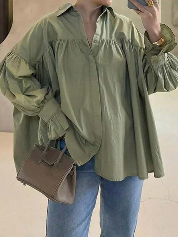 大码女式休闲衬衫，纽扣装饰喇叭袖，纯色复古衬衫，适合春秋季
