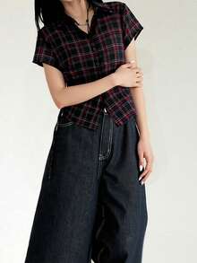 Women's Summer Design Plaid Versatile Casual Shirt Black - Black - View 2