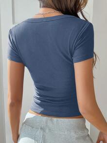 女士休闲纯色短袖 T 恤 - 牛仔藍 - 查看 2