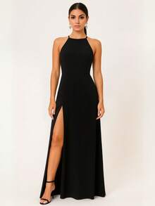 Long Sleeve Party Dress Long Bridesmaid Wedding Slit - 黑色 - 查看 5