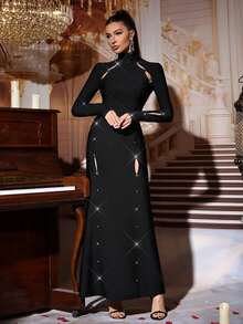 فستان طويل أسود للنساء ذو ياقة عالية مفرغ، فستان زفاف حفلة كرة ، فستان حفلة عيد الميلاد