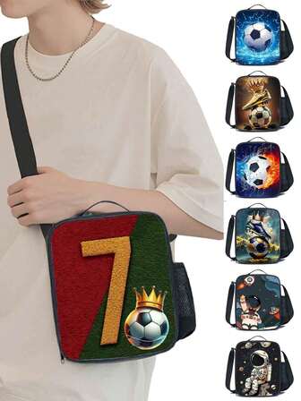 Erkek ve Kız Çocukları İçin Futbol/Astronot Baskılı Yalıtımlı Öğle Yemeği Kutusu, Ayarlanabilir Omuzlu Öğle Yemeği Çantası, Yan Cep ve Omuz Askılı Öğle Yemeği Çantası, Kamp/Yürüyüş/Piknik/Plaj/Seyahat İçin Mükemmel