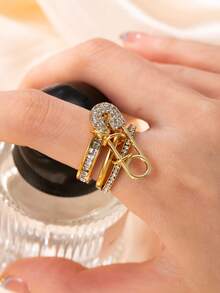 三色三环时尚女士戒指，可拆卸，锆石装饰，适合女性日常搭配、派对、礼物、配饰