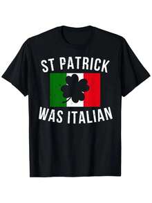 St. Patrick's Day Italian-Themed T-Shirt, Unisex Cotton Casual Round Neck Short Sleeve Tee With "S. Patrick Was Italian" Print, Stretch Fit, 100% Cotton, Sizes S-XXXL - 黑色 - 查看 2