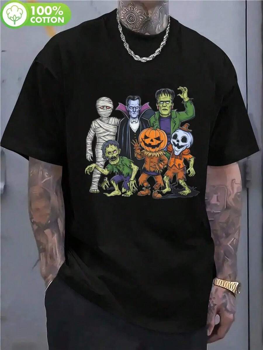 Men's Halloween Monster T-Shirt - , Dracula, Mummy, Werewolf & Invisible For Man Graphic Print, 100% Cotton Breathable Short Sleeve Tee, Machine Washable Casual & Costume Party Shirt For Men, Spring Summer Fall Outdoor Activities,Nightmare Before Christmas,Christmas,Halloween Costumes,Funny T Shirts,Summer Outfits,Thanksgiving Day,Men Graphic Tees,Streetwear Men - Black - View 1