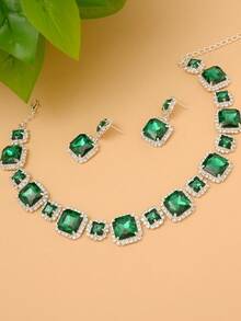 STONEFANS طقم قلادة وأقراط مربعة فضية، إكسسوارات زفاف، طقم مجوهرات عروس بتصميم بلوري أخضر