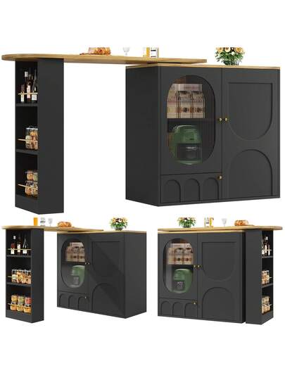 Sairedel Wit 360° Rotating Bar Tafel Storage Space Kitchen Isl 138x39x102cm Doors, Door Shelves Removable Dividers, As Dining Counter view 8