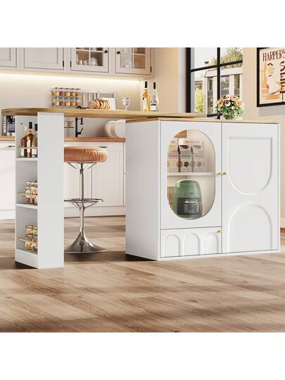 Sairedel Wit 360° Rotating Bar Tafel Storage Space Kitchen Isl 138x39x102cm Doors, Door Shelves Removable Dividers, As Dining Counter view 4