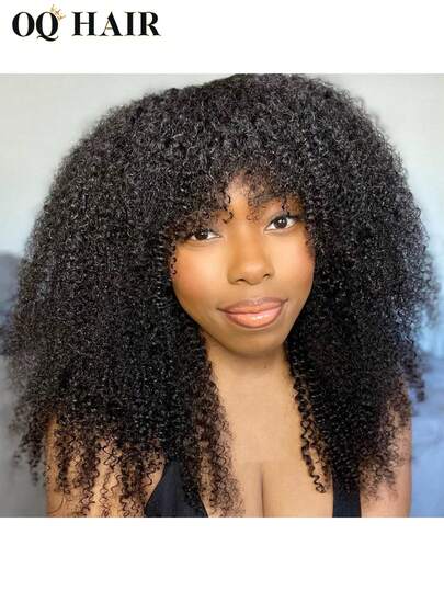 OQ Hair Full Machine Made Bangs Wigs Afro Curly False Scalp 18-30 Inches Wigs 180% Density Natural Color Hairline Daily Use Boho Glamorous Chic Elegant Party Everyday Festival Vacation Sassy Effortless Statement Festival Next Level Lit Bomb Baddie Retro Streetwear Preppy Half-Up Human Hair Wig Flip Over Wig Wigs Human Hair Halloween For Women