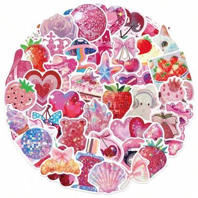 50pcs Holographic Pink Aesthetic Stickers, Watercolor Stickers, Diary Stickers, Cute Stickers, Cute Animal Stickers, Flower Stickers, Waterproof Vinyl Stickers, Suitable For Water Bottles, Computers, Laptops, Phones, Luggage, Notebooks, Refrigerators