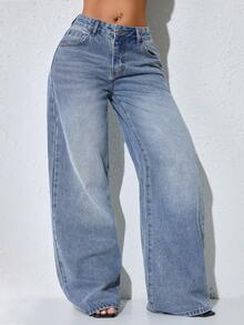 Jeans casuales de mujer de cintura baja, pierna ancha, bolsillos sesgados curvos, color azul, ropa de otoño