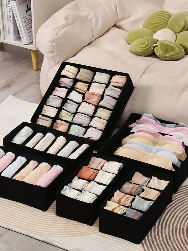 1 boîte de rangement avec 6/7/8/24 compartiments séparés, boîte de rangement pliable, boîte de rangement grande capacité, boîte de rangement en tissu, rangement de vêtements classé, rangement de vêtements indépendant, rangement d'armoire à vêtements, rangement domestique, empilable, gain de place, matériau renforcé, difficile à déformer, résistant aux taches et facile à nettoyer, rangement de sous-vêtements, rangement de chaussettes.