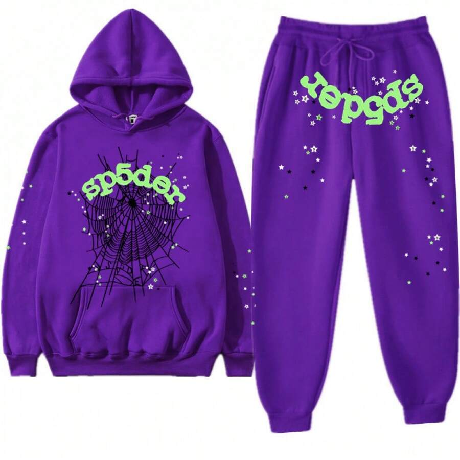 American Hip-Hop Singer Letter Print Couple Sweatshirt Unisex Hoodie Set Black Casual Wear Vacation Wear Streetwear Fabric - 20紫色 - 查看 1