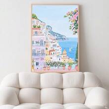 1pc, Canvas Framed Wall Art, Positano Coast Artwork, Pink Villa Decorative Painting, Mediterranean Style Decor, Italian Coastal Scenery, Folk Art Style, Spring Wall Art, Fashionable Home Decor, Room Decor, Bedroom Decor, Dormitory Decor, Living Room Decor