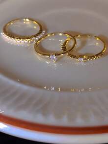 Nooxian 3pcs/Set Fashionable Cubic Zirconia Heart & Faux Pearl Decor Cuff Ring For Women For Daily Decoration Valentines