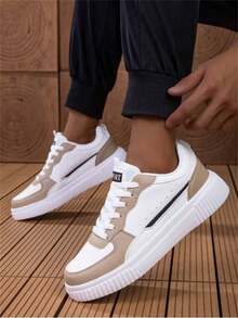 New Men Thick Sole Skateboard Shoes, Fashionable Korean Style, All Season Sports Shoes, Stylish Breathable White Shoes, Flat Skateboard Shoes, Versatile Sneakers - Khaki - View 3