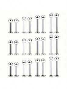 24pcs Stainless Steel Fashion Lip & Ear Studs Set, Unisex (Silver) - Silver - View 3