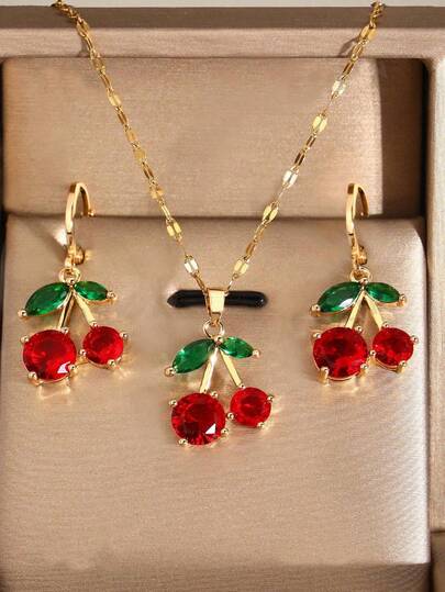 1 pieza Conjunto de joyería de mujer con diseño de cereza: 1 collar, 1 pieza de aretes, adecuado para uso diario, festivales, fiestas, vacaciones en la playa, regalos