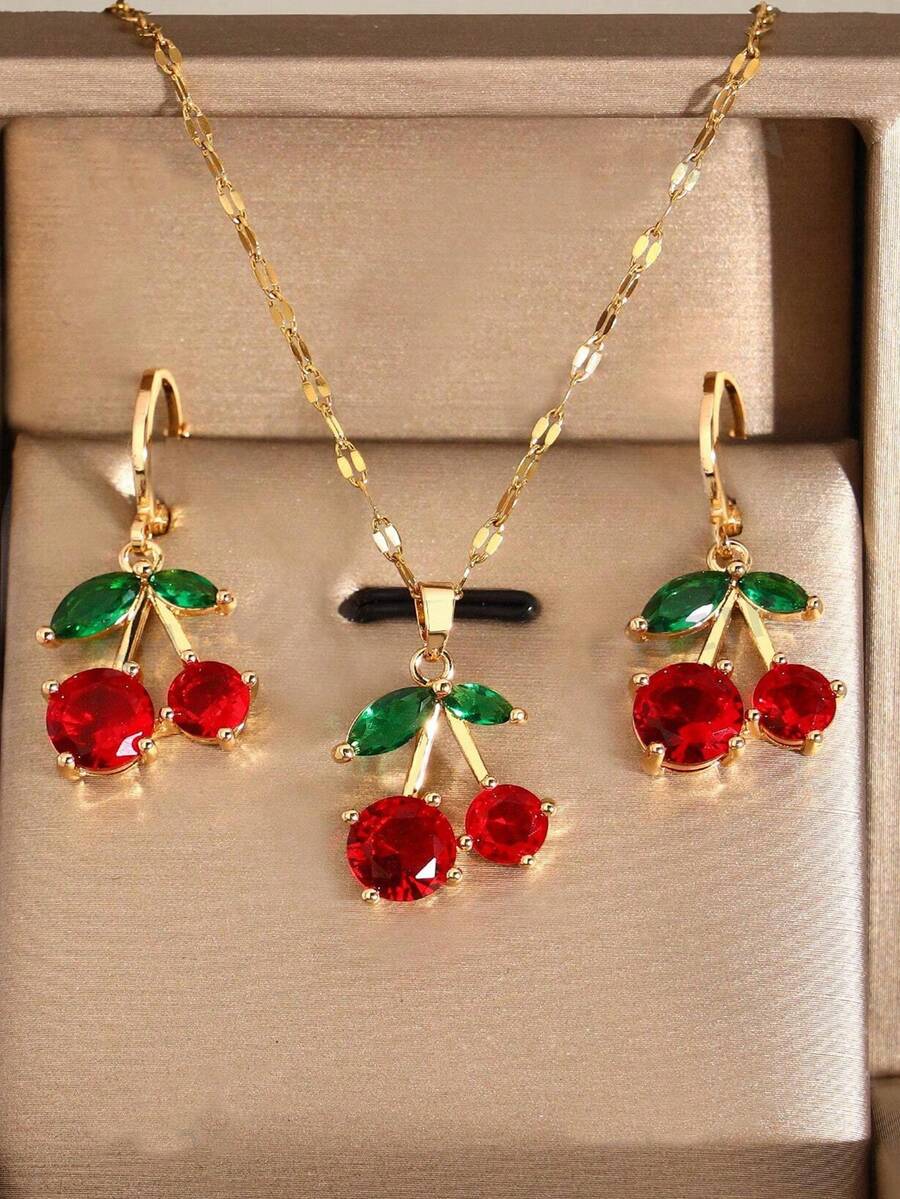 1 件女士樱桃水果首饰套装：1 条项链，1 对耳环，适合日常通勤、节日、派对、海滩度假、礼物