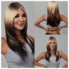 Mother's Day,Ombre Brown Dark Roots Long Layered Wig Ombre Blonde Bangs Long Wig Ombre Brown Ladies Day Wig - 棕色 - 查看 1