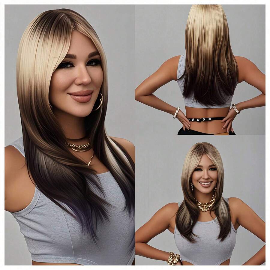 Mother's Day,Ombre Brown Dark Roots Long Layered Wig Ombre Blonde Bangs Long Wig Ombre Brown Ladies Day Wig - 棕色 - 查看 1