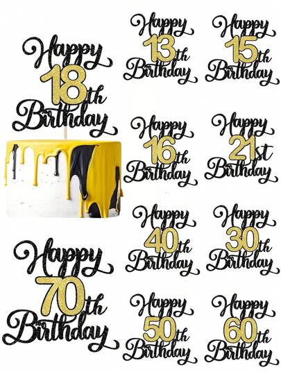 1pc Black & Gold 13th/15th/16th/18th/21st/30th/40th/50th/60th/70th Milestone Number "Happy Birthday" Cake Topper, For Birthday Party Decoration